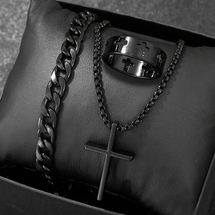 Retro Dark Cross Necklace Three-Piece Set
