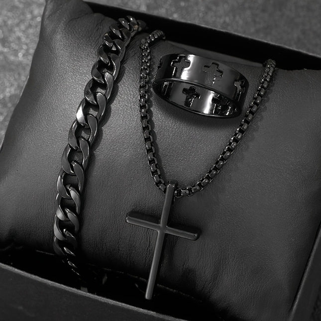 Retro Dark Cross Necklace Three-Piece Set