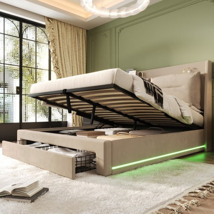 Gestoffeerde Bed, 135x190 4vt6, Dubbelbed, Hidrouliese Bed, 2-in-1 Berglêers Aan Die Voet Van Die Bed, Ingeboude LED-Ligstroke Aan Beide Kante Van Die Bed, Lattebodem, Fluweel, Beige