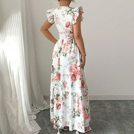 Womens Casual Summer Maxi Dress Flutter Short Sleeve V Neck Smocked A Line Flowy Beach Vacation Long Dresses