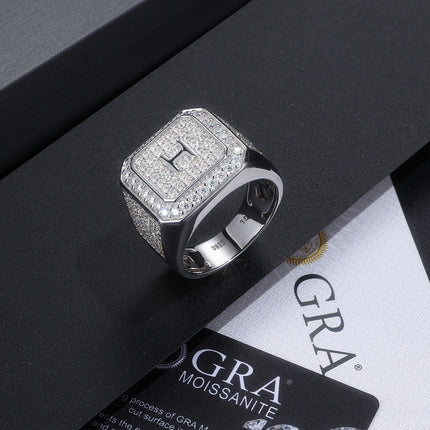 Men's Letter H Set With Top-quality Moissanite Luxury And Fashionable Light Luxury Jewelry Silver Ring S925 Silver Plated Platinum