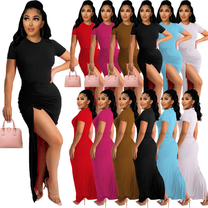 Women's Knit Pit Fabric Drawstring Short Sleeve Dress