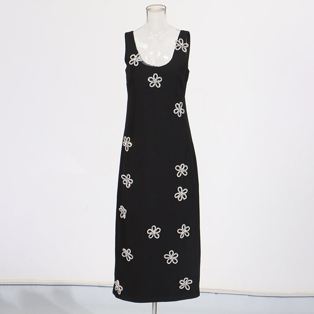 Chic Stitching Rhinestone Flower Design Sling Dress