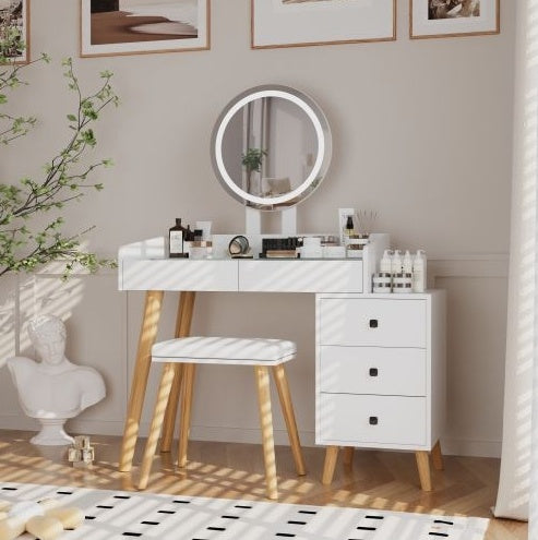Kaptafel met LED-ligte, Glaskap, Uitskuifbare Syktafel, 5 Laaie, Spieël en Stoeltjie vir Slaapkamer