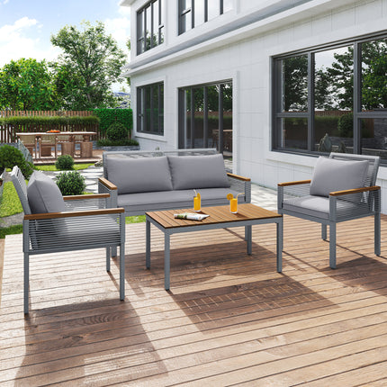 Tuin sitkamerstel, Tuinmeubelstel met gemaklike kussings, Dubbelbank, 2 Leunstoele en Tafel, Buite, Rottang, Tafel en Stoele, Grys