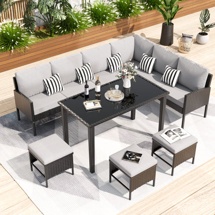 Kleinruimte-stoepmeubels 7-delige buitemeubelstel, agterplaasmeubelstel, waterdigte sitkussing, glastafel, spasiebesparend, geskik vir agterplaas, terras of tuin, grys