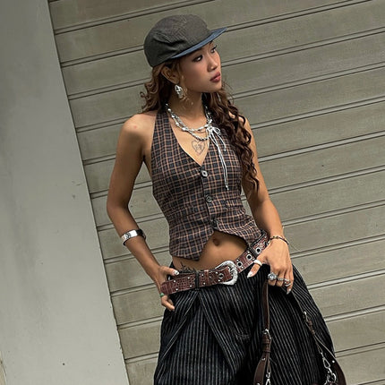 Vintage Plaid Cardigan Button Halterneck Vest Top