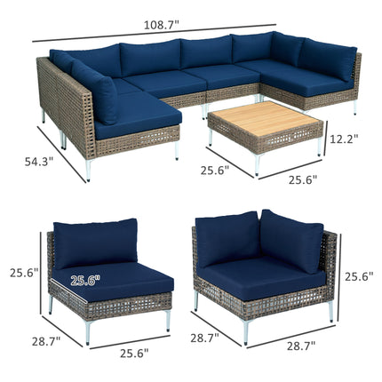 7-stuk Rattan Patio Meubelstel, Modulêre Buitelug-seksiebank met Verdikte Kussings, Akasiahouttafel, Bruin/Blou
