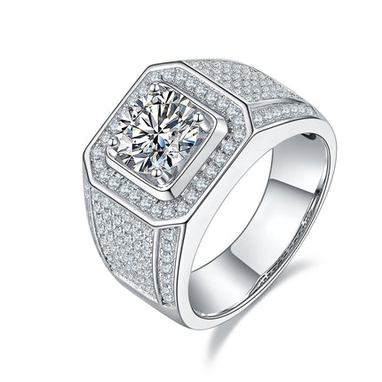Men's 1-carat Luxury And Fashionable Light Luxury Jewelry Silver Ring Set With Top-quality Moissanite, S925 Silver-plated Platinum