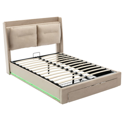 Gestoffeerde Bed, 135x190 4vt6, Dubbelbed, Hidrouliese Bed, 2-in-1 Berglêers Aan Die Voet Van Die Bed, Ingeboude LED-Ligstroke Aan Beide Kante Van Die Bed, Lattebodem, Fluweel, Beige