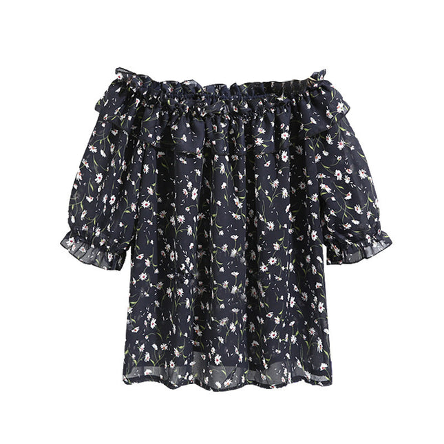 One-line Neck Floral Chiffon Shirt Top