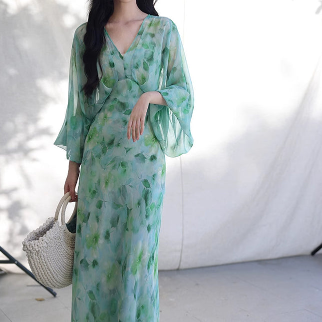 Full Of Green Watercolor Blooming V-neck Printed Oblique Cut Dress Elegant Graceful Dress