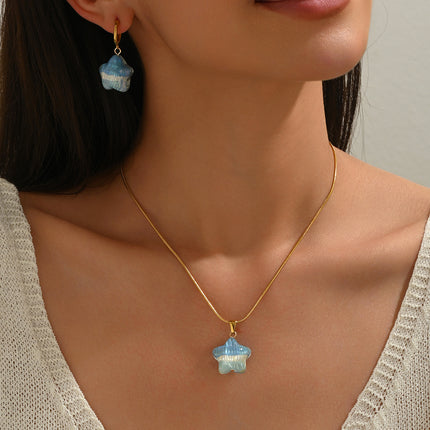 Lxalry 316L Stainless Steel 18K Gold-Plated Jewelry Set  Iridescent Blue White Gradient 3D Glass Star Pendant  Hypoallergenic Tarnish Free Earrings  Necklace Beach Party  Daily Wear Ocean Inspired