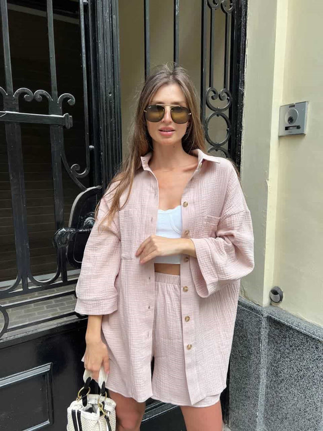 Cardigan Breasted Top Shorts Two-piece Set