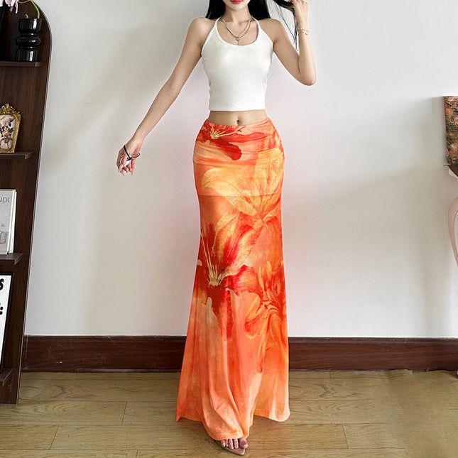 Vacation Style Printed Semi See-through High Waist Slim Skirt