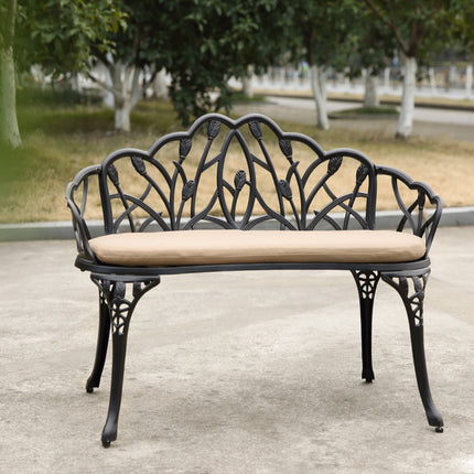 Tulp-patiotuinkbank Metaalparkbank Gegote aluminium buitemeubels met blomrose vir patio, park, grasperk, tuin Swart met kussing