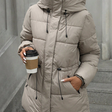 Casual Adjustable Waist Quilted Mid-Length Hooded Padded Padded Coat Clothes Winter For Women