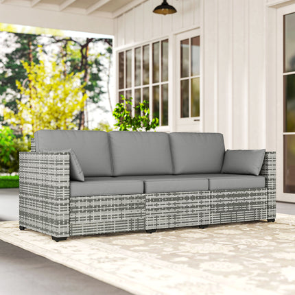 Patiobank PE Wicker Diep Sitplek Buitelugbank met Verwyderbare Kussings, 3-Sitplek Rottingbank, Buitelugmeubels vir Balkon, Dek, Tuin en Swembad, Grys