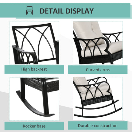 Buitelug Wiegstoel van Rattan met Gevoerde Kussings, Aluminium Meubel Wiegstoel van Rattan met Armleuning vir Tuin, Patio en Agterplaas, Kakie