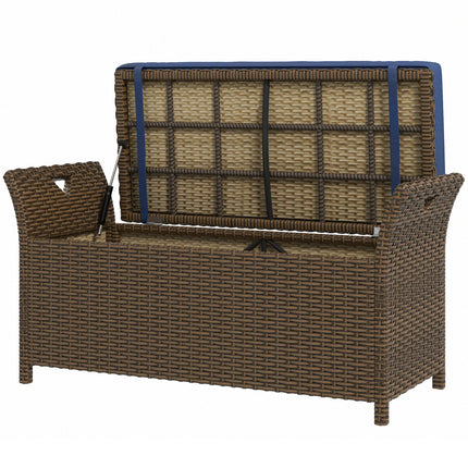 Outdoor Patio Wicker Storage Bench, 2-In-1 Rattan Patio Furniture, 29 Gal Storage Box w/ Cushion, Dark Blue