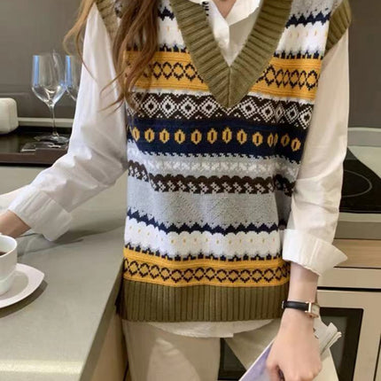 Retro V-neck Rhombus Vest Women's Knitted Jacquard Sleeveless Sweater