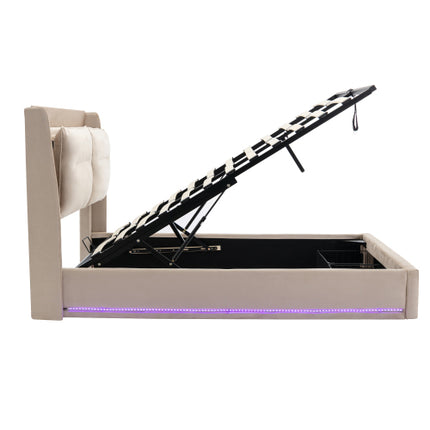 Gestoffeerde Bed, 135x190 4vt6, Dubbelbed, Hidrouliese Bed, 2-in-1 Berglêers Aan Die Voet Van Die Bed, Ingeboude LED-Ligstroke Aan Beide Kante Van Die Bed, Lattebodem, Fluweel, Beige