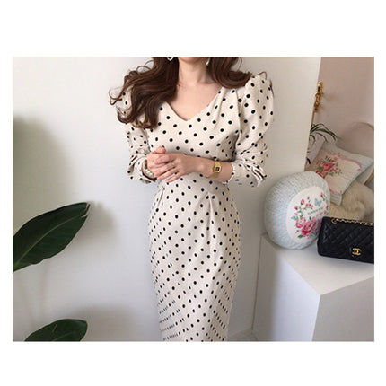 Wave Dot V-Neck Lace Bowknot Waist Bag Hip Dress