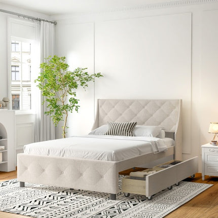 Queen Size Bed Frame With Storage Headboard, Metal Platform Bed No Noise, Mattress Foundation Strong Metal Slats Support No Box Spring Needed