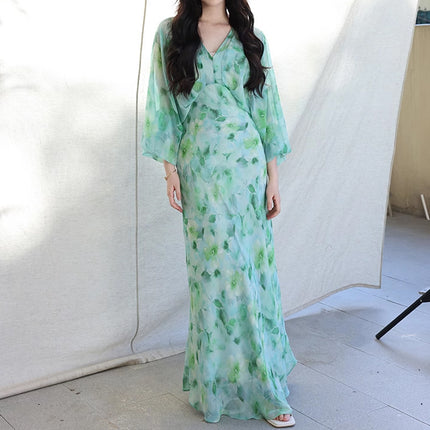 Full Of Green Watercolor Blooming V-neck Printed Oblique Cut Dress Elegant Graceful Dress
