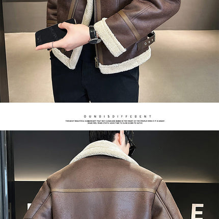 Fur Integrated Motorcycle Jacket Men's Fleece-lined Thickened Leather Jacket