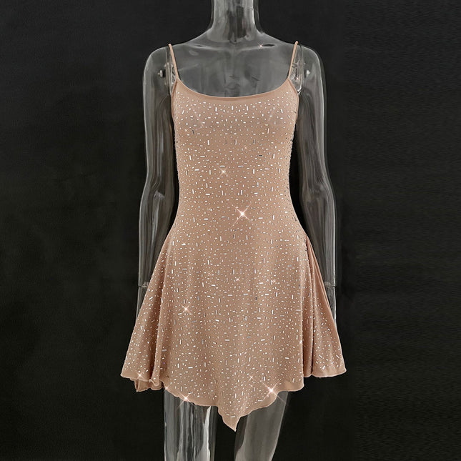 Trendy Rhinestone Sheer Party Dress - Women's Sexy Mini