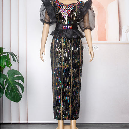 Women's Fashion Heavy Embroidery Hot Drilling Dress With Belt