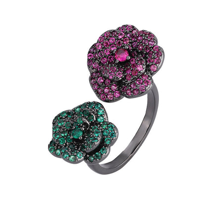 Ornament Copper Sole Golden Plate Red Corundum Black Gold Flowers Personality Female Ring