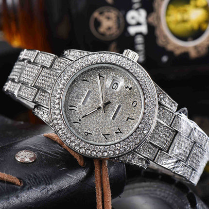 Mens All-Diamond Stainless Steel Quartz Watch