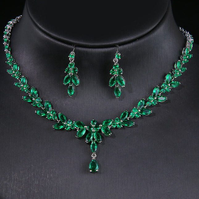 Elegant Long Horse Eye Water Drop Zircon White Gold Necklace Earrings Jewelry Suit