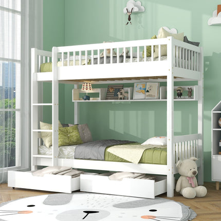 Stapelbed, Kinders, 3FT Soliede Denne Hout Enkelbedraam & Onderbed-laaistoor, Met Rak, Wit 90x190cm
