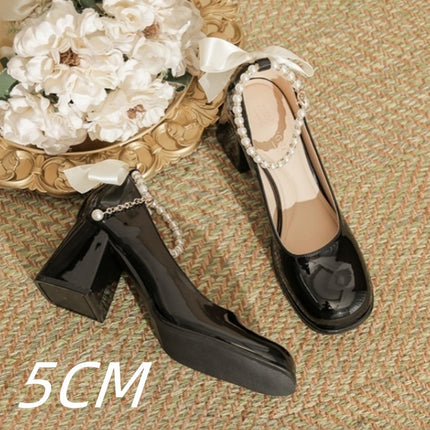 Mary Jane Shoes Pearl Ribbon Patent Leather Fairy Style