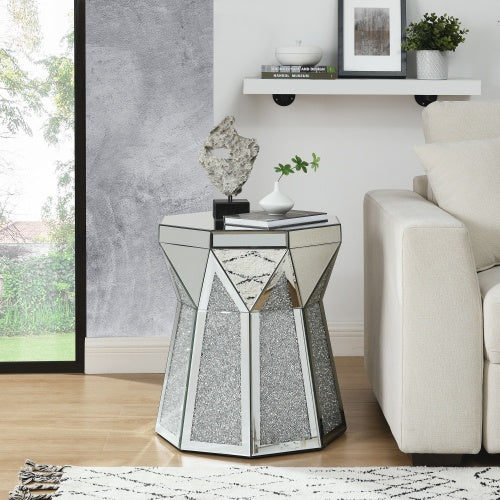 Dromstyl-koffietafel met SpieëlkrIsInleg, Veelhoekige Silwer Dekoratiewe Tafel, Moderne Ontwerp Luukse Moderne Meubels, 20 Duim Ongeveer 50 Sentimeter Lae Koffietafel, Geskik Vir Sitkamer