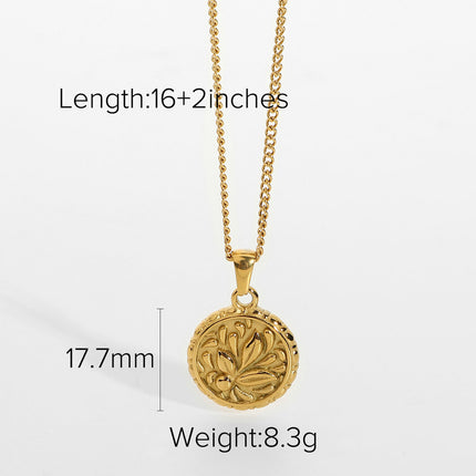 18K Gold Plated 316L Stainless Steel Flower Coin Pendant Necklace
