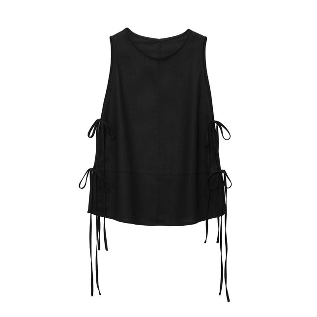 Linen Blend Lace-up Sleeveless Top