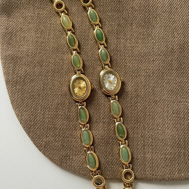 Women's Small Jade Oval Diamond Quartz Bracelet Watch