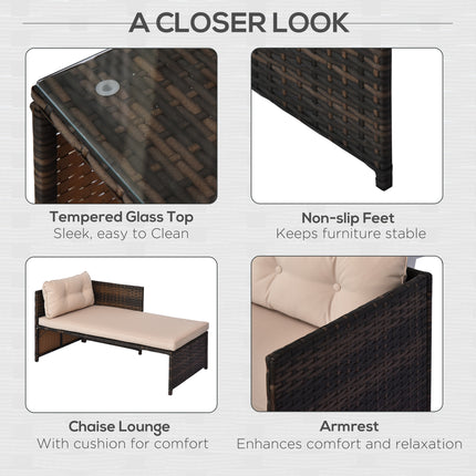 3-stuk Patio Meubelstel, Rattan Buite Bankstel met Lêbank & Liefdesbank, Sagte Kussings, Gehard Glas Tafel, L-vormige Seksionele Bank, Beige