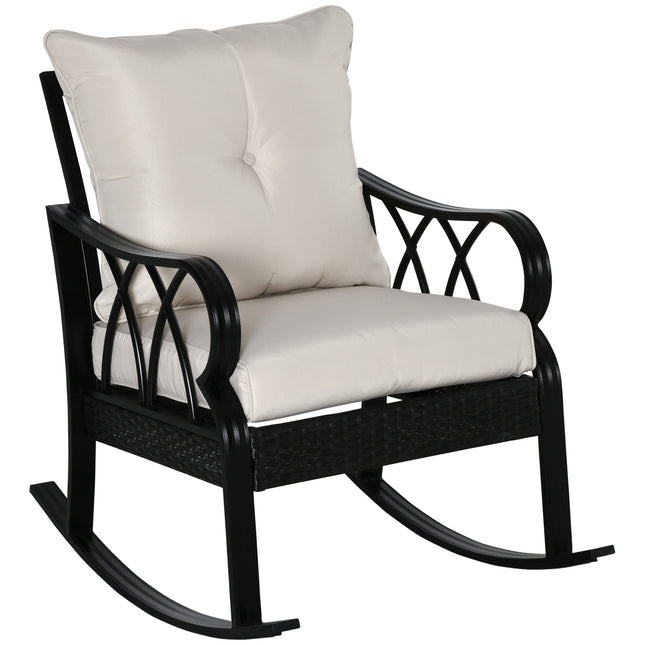 Buitelug Wiegstoel van Rattan met Gevoerde Kussings, Aluminium Meubel Wiegstoel van Rattan met Armleuning vir Tuin, Patio en Agterplaas, Kakie
