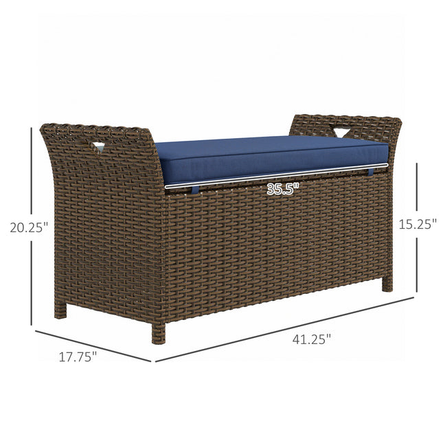 Buite Patio Rattan Bergingsbank, 2-in-1 Rattan Patio Meubels, 110 L Bergingsboks met Kussing, Donkerblou