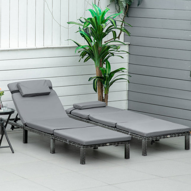 2 Pieces Outdoor PE Rattan Sun Loungers Set Of 2 With Cushion, Garden Wicker Sunbed Furniture With 5 - Level Recliner Backrest, Grey