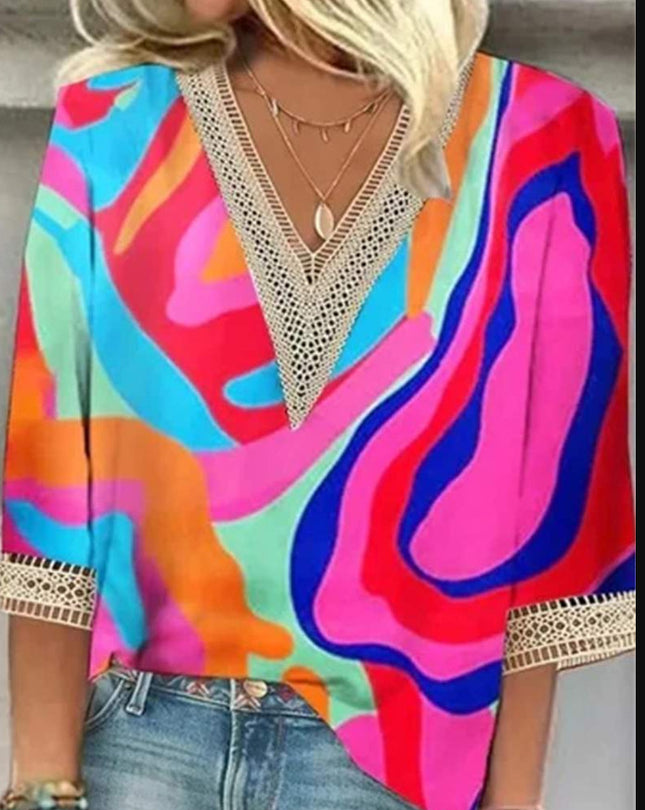 Women's Loose New Multi-color Floral Print Stitching Lace Mid-sleeve V-neck T-shirt