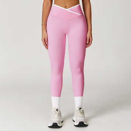Nude Feel Skinny Yoga Pants Cross High Waist Contrast Color Women