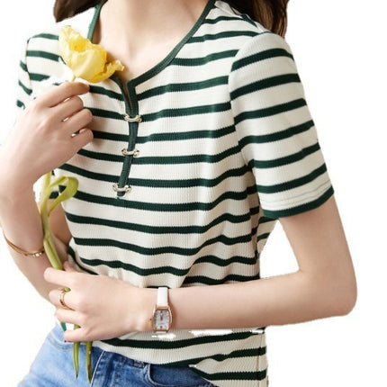 Striped Contrast Color Decorative Buckle Top