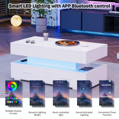 Hidrouliese Hysbak Top Koffietafel, LED Koffietafels Met Berging Vir Sitkamer, Koffietafel Met 2 Laaie & LED Lig Vir Eetkamer Ontvangsarea, Wit