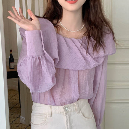 Spring Gentle Elegant Boat-neck Off-the-shoulder Design Loose Puff Sleeves Chiffon Shirt Top For Women